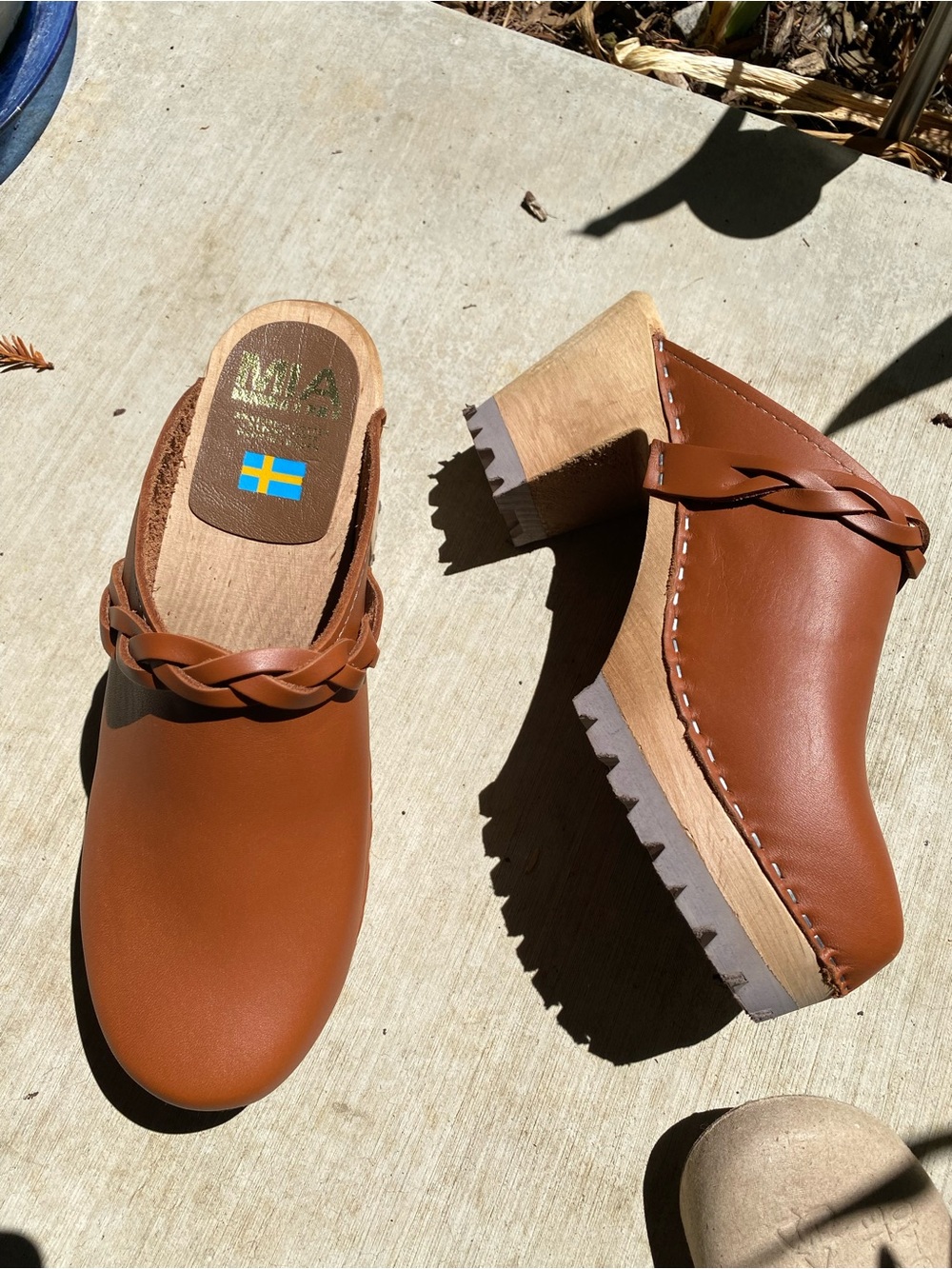 MIA Braided Cognac Leather Clog Mules with Wood Platform